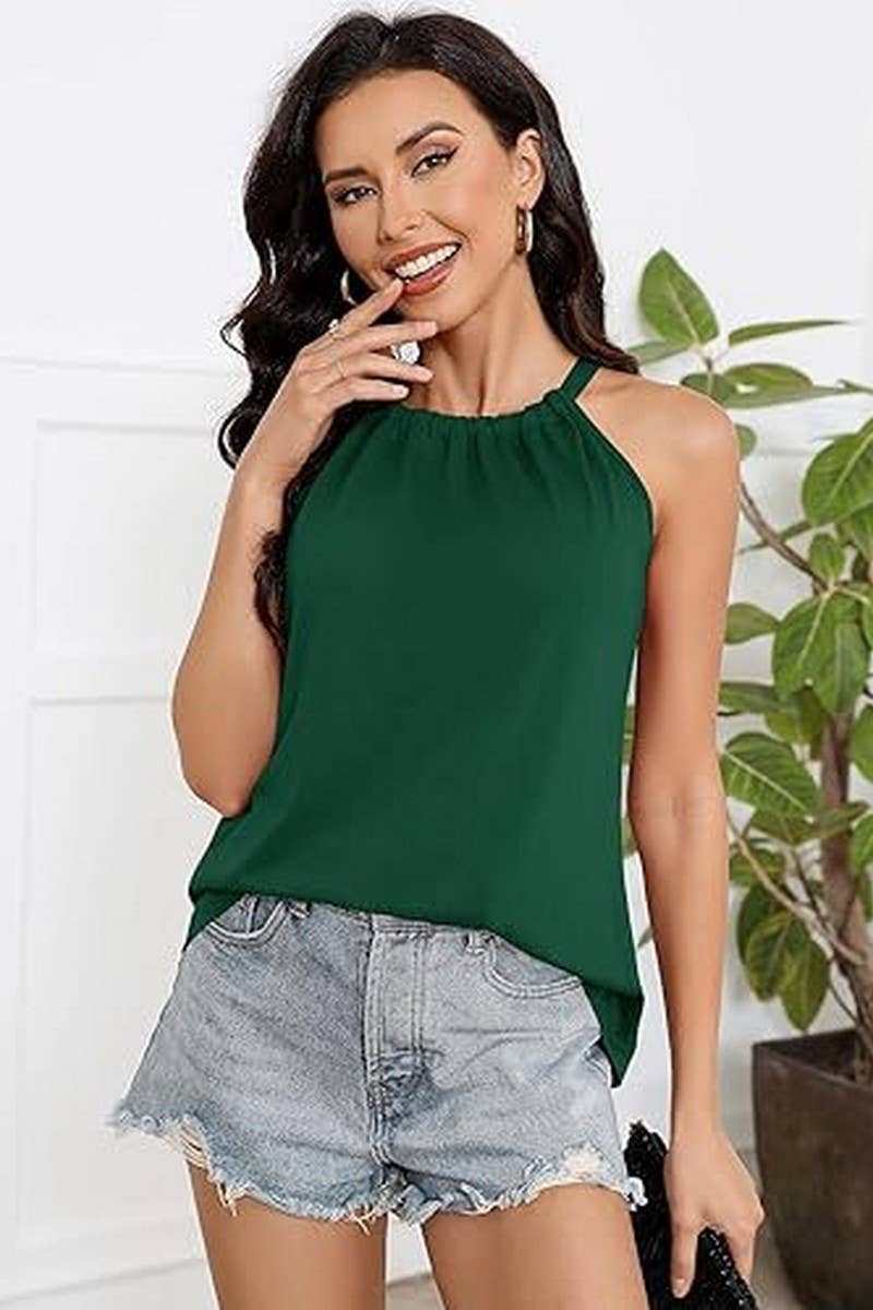 CWTBLSL0909_CASUAL SOLID RUCHED TIE NECK SLEEVELESS TOP