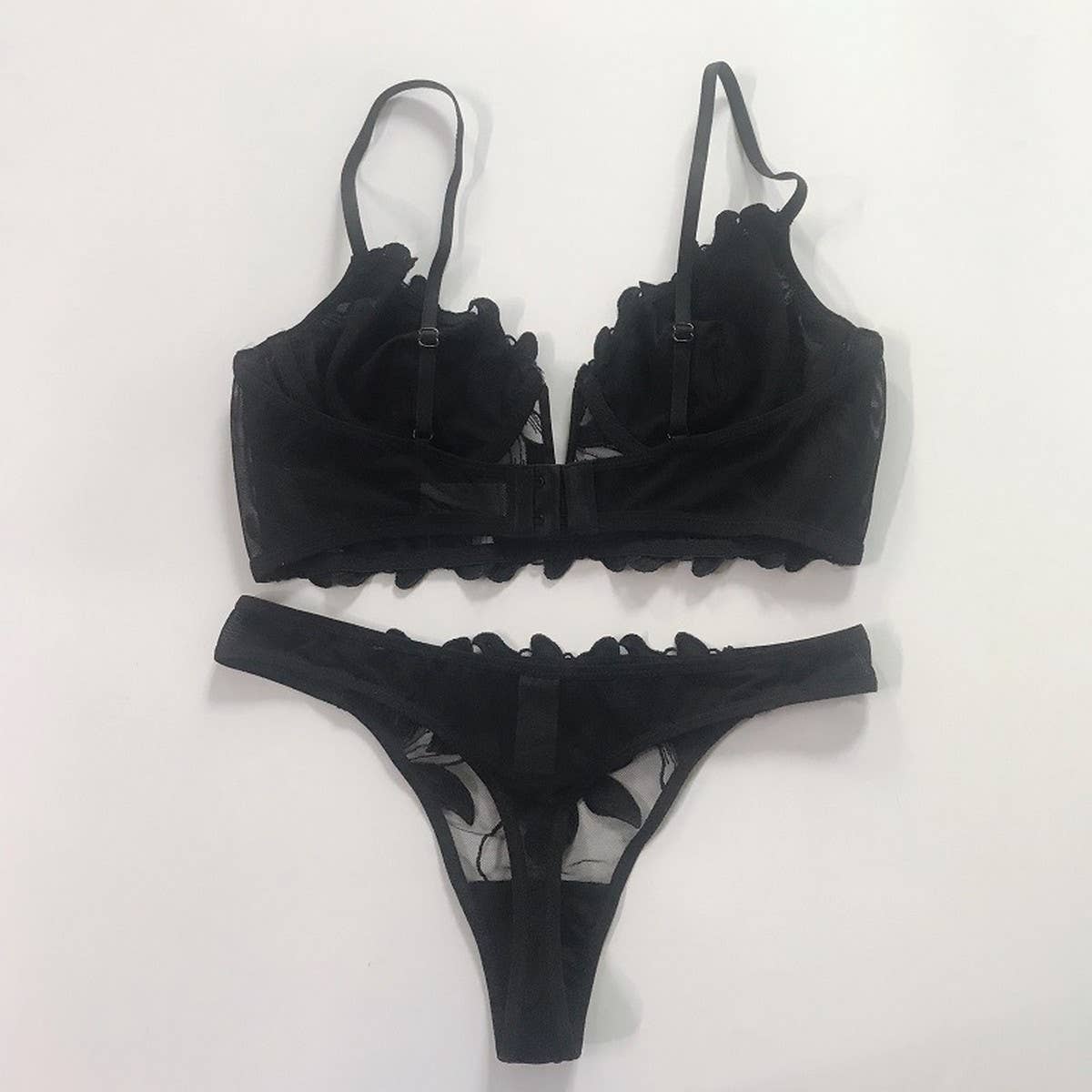 FLOWER EMBROIDERED MESH BREATHABLE LINGERIE SET