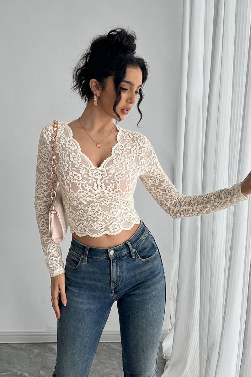 CWTBLL3928_SOLID LACE V-NECK LONG SLEEVE SEXY TOP