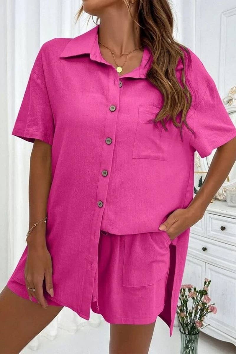 CWSS01309_FASHION SHORTS TWO PIECE SOLID COLOR SHIRT SET