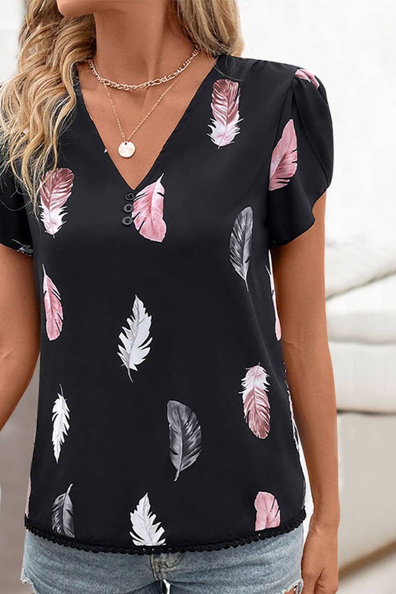 CWTBLS0969_V-NECK FEATHER PRINT SHIRT