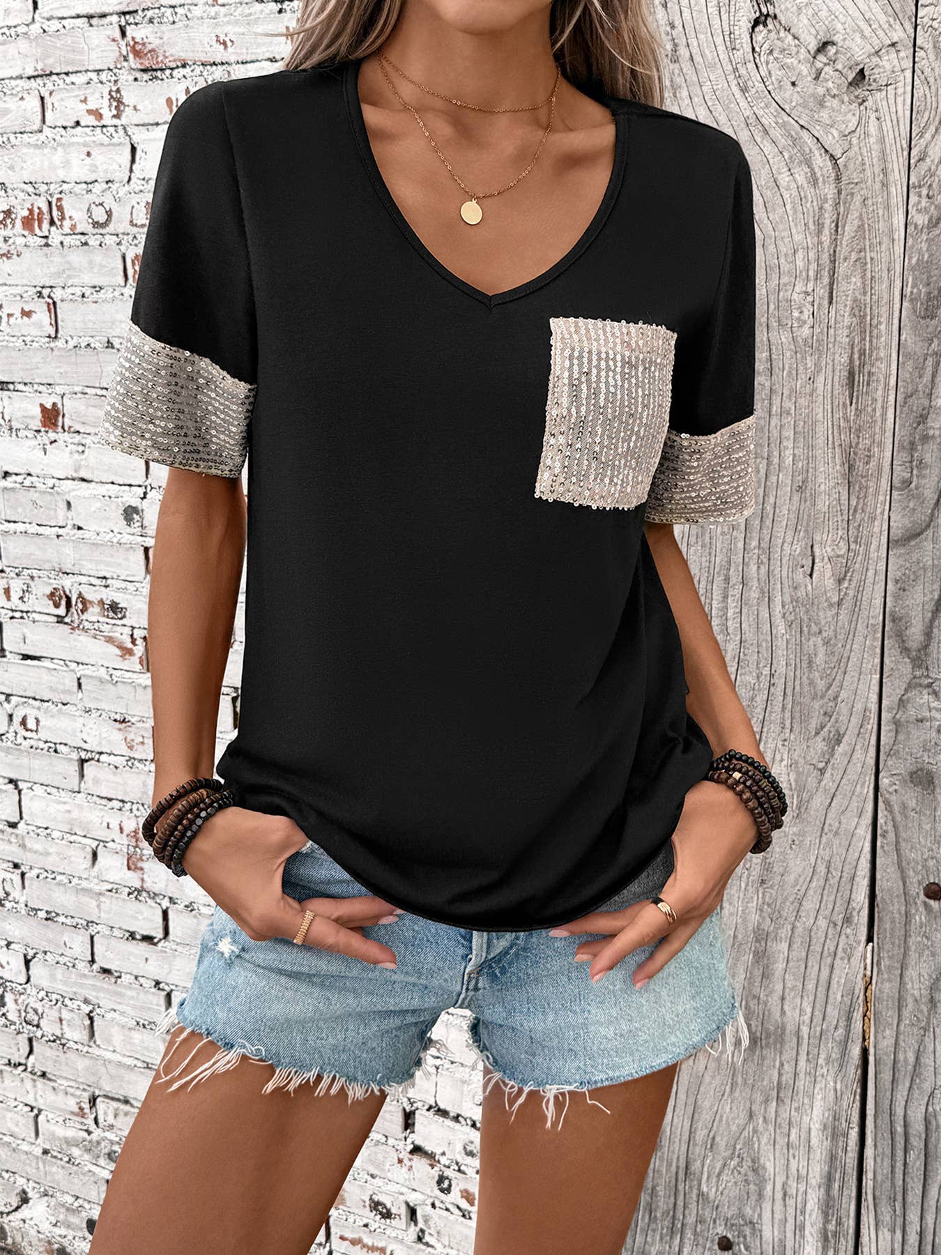 Basic Black and White Sequin Short Sleeve Top