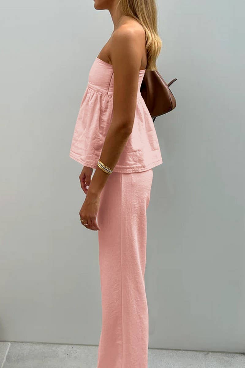 CWSTB00446_CASUAL STRAPLESS TOP AND STRAIGHT PANTS SET