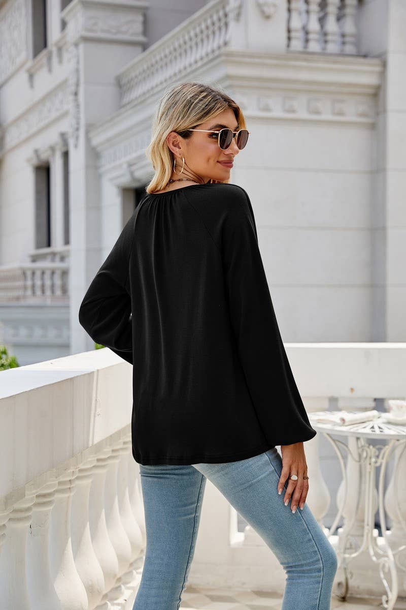 CWTBLL2413_SOLID COLOR LONGSLEEVE V-NECK PLEATED T-SHIRT TOP