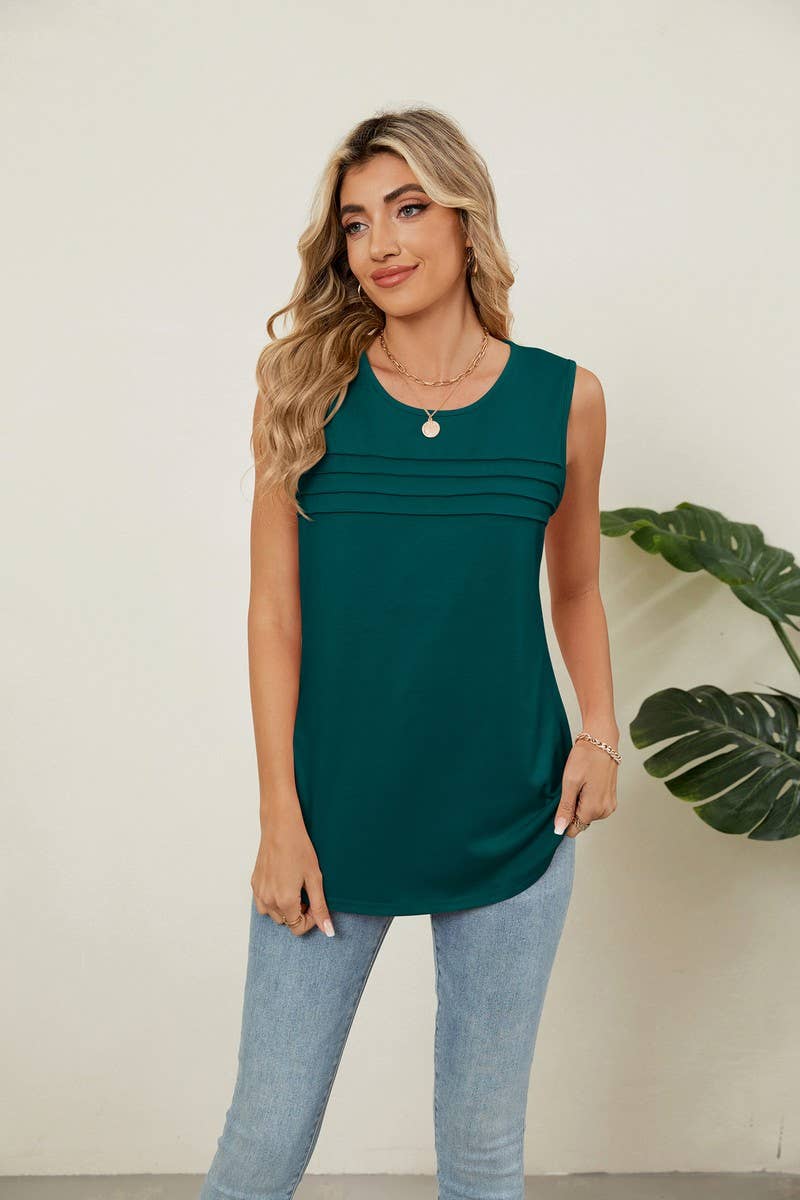 CWTBLSL0971_RUCHED SLEEVELESS CREWNECK SOLID TANK TOP
