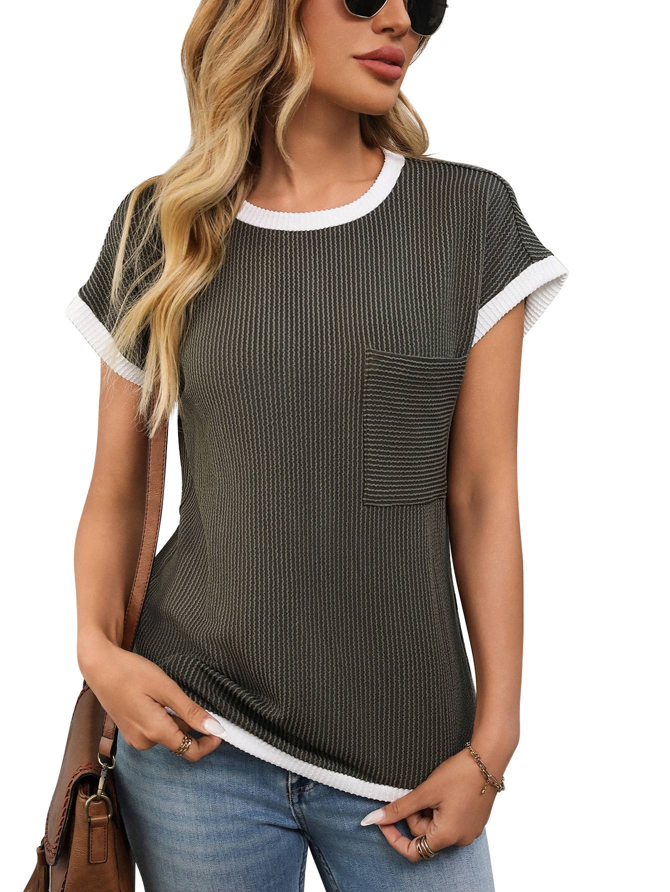 Crew-neck knitted twist strip casual T-shirt