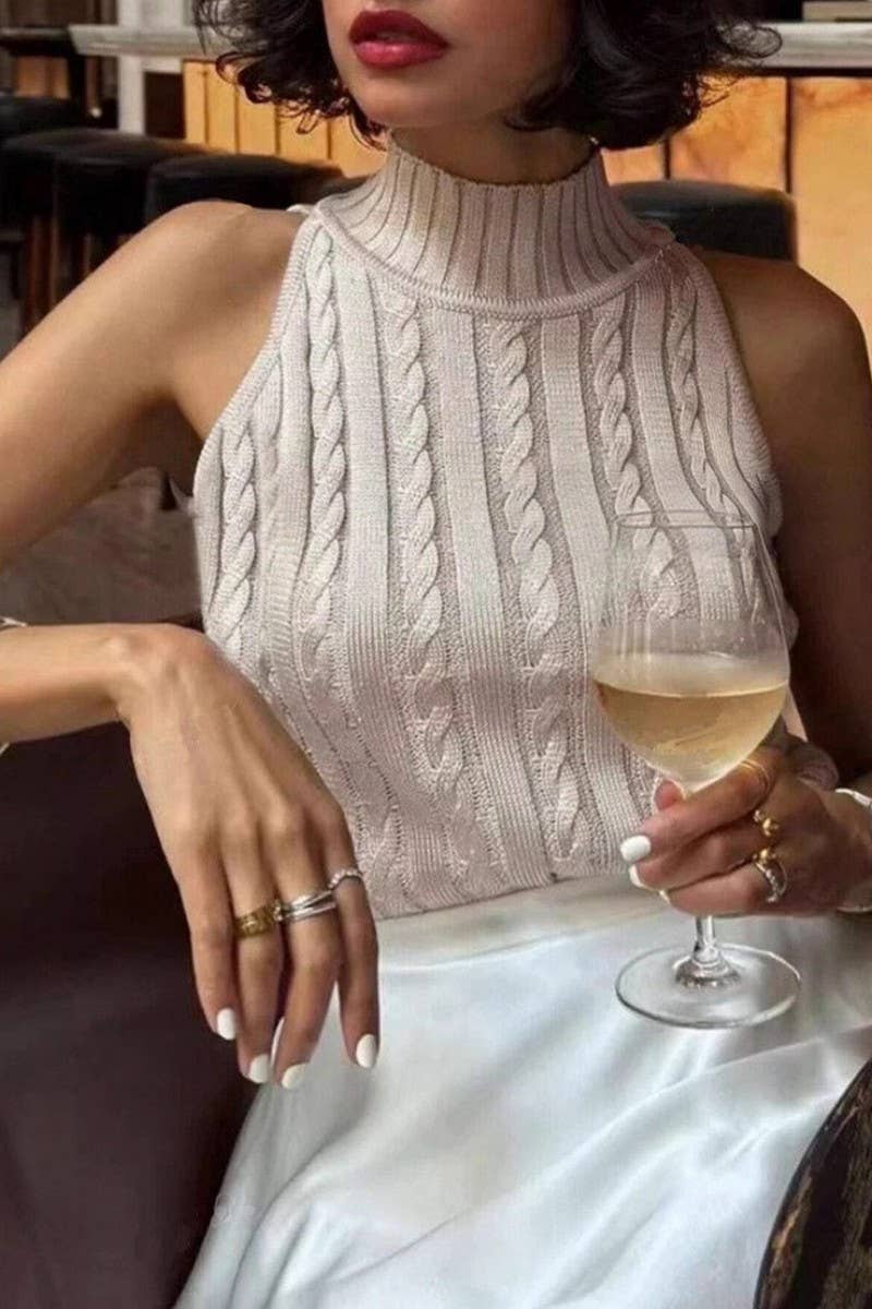 CWOV0763_CASUAL ELEGANT HALF TURTLENECK CABLE KNIT VEST