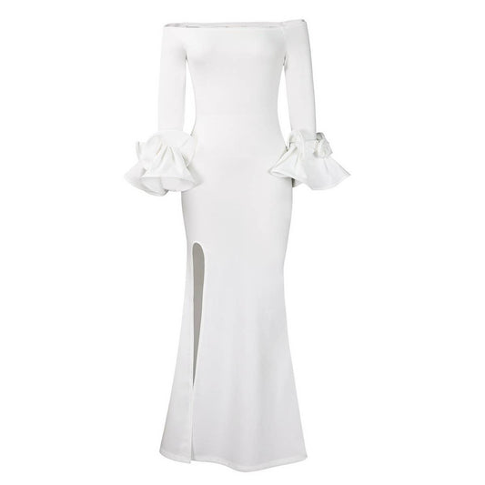 ONESHOULDER RUFFLE SLEEVE SLIMFIT DRESS WITH TRAIN_CWDMD3679