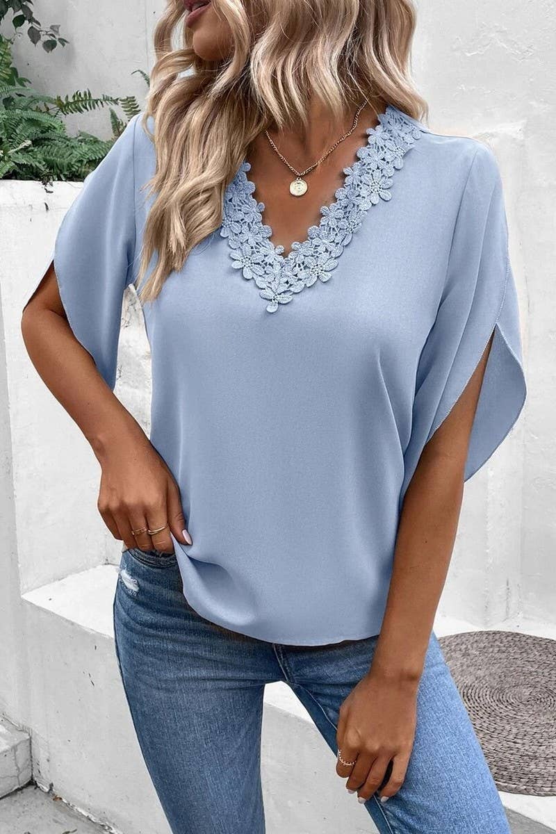 CWTSTS0661_SUMMER LACE V-NECK TRUMPET SLEEVE LOOSE SHIRT