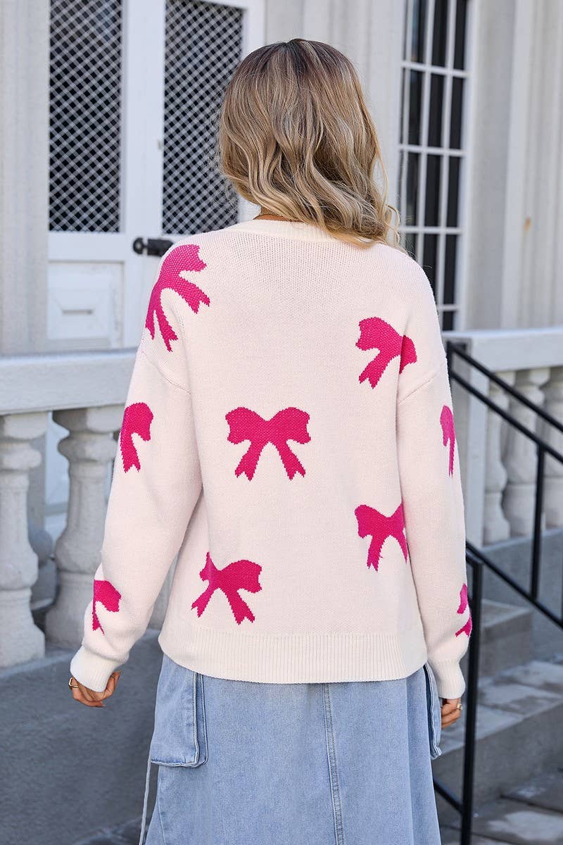 CWOSWL3097_BOW PRINT KNITTED LONG-SLEEVED SWEATER