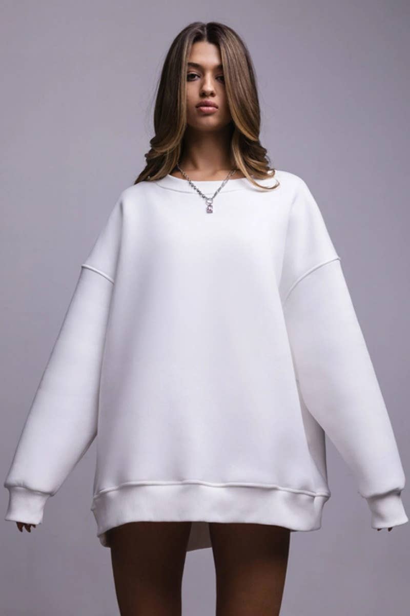 CWTBLL1669_SOLID COLOR BAGGY LONG-SLEEVED CREW-NECK TOP