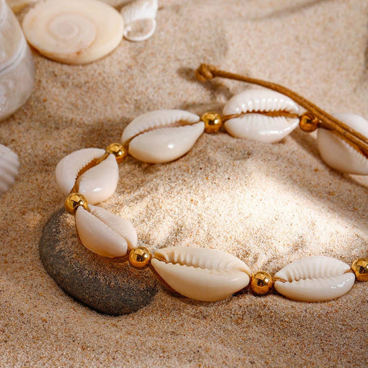 18KGold Stainless SteelShell Bead AdjustableAnklet_CWAJE4675