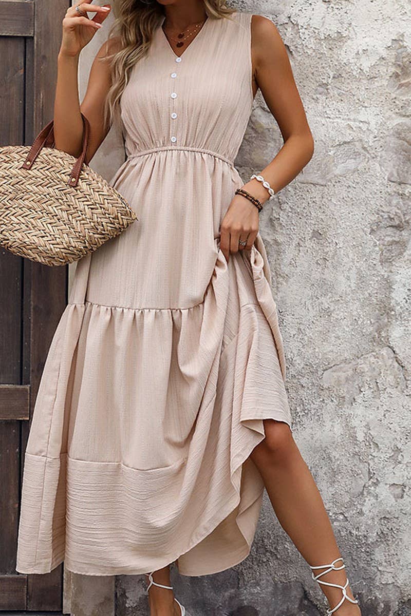 CWDMD1265_V-Neck Sleeveless Detailed Tiered Dress