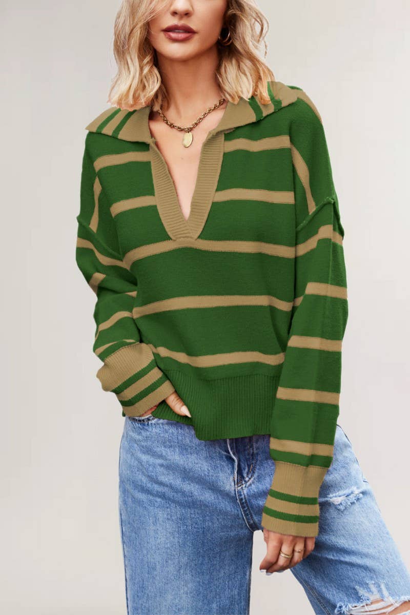 CWOSWL6849_V-NECK STRIPED CONTRAST COLOR LOOSE SWEATER