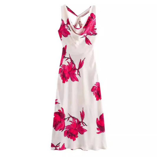 FLORAL PRINT SILK SATIN TEXTURE DRESS