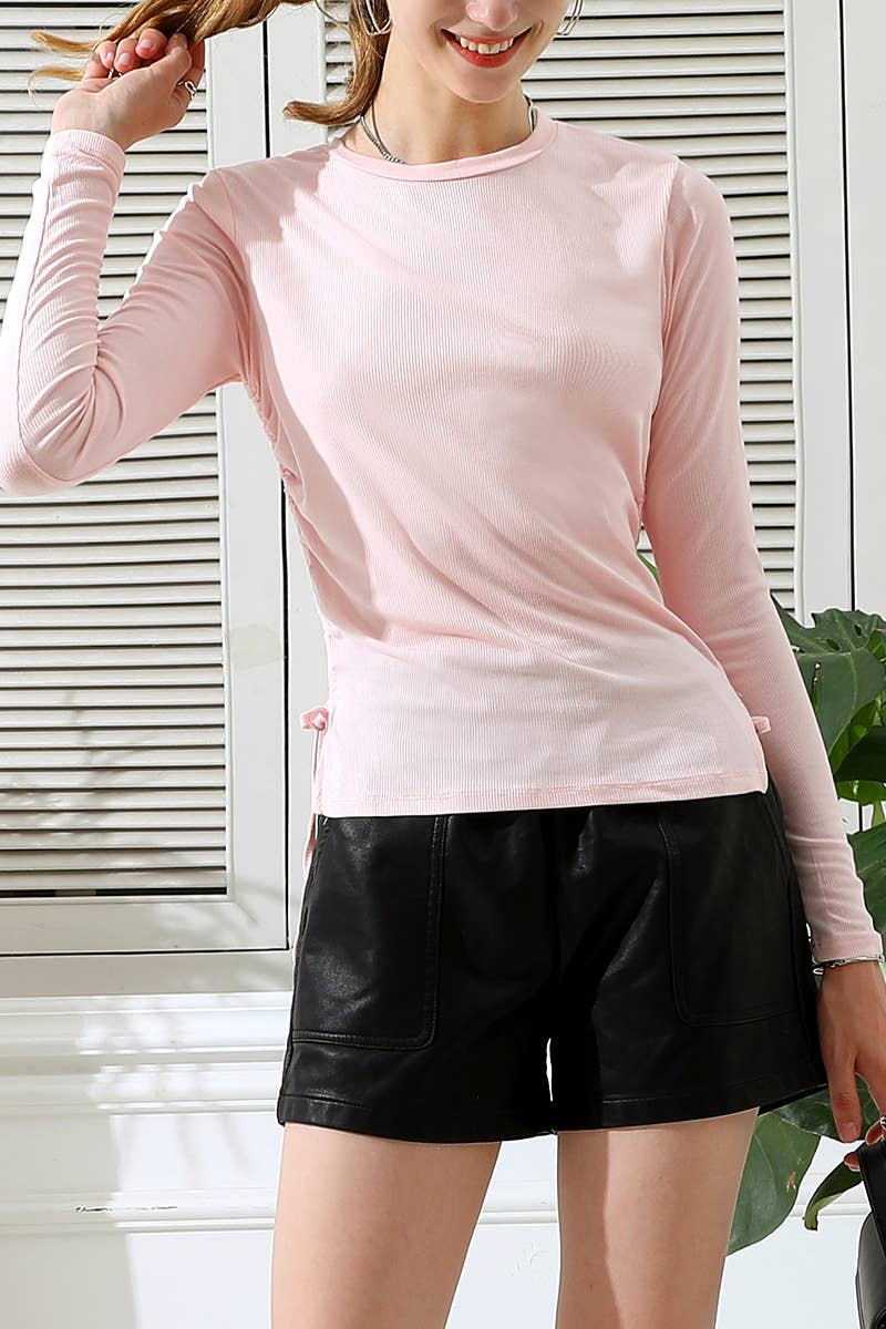 CWTTL1104_LONG SLEEVE CREW NECK LACE-UP STRING SHIRRING TOP