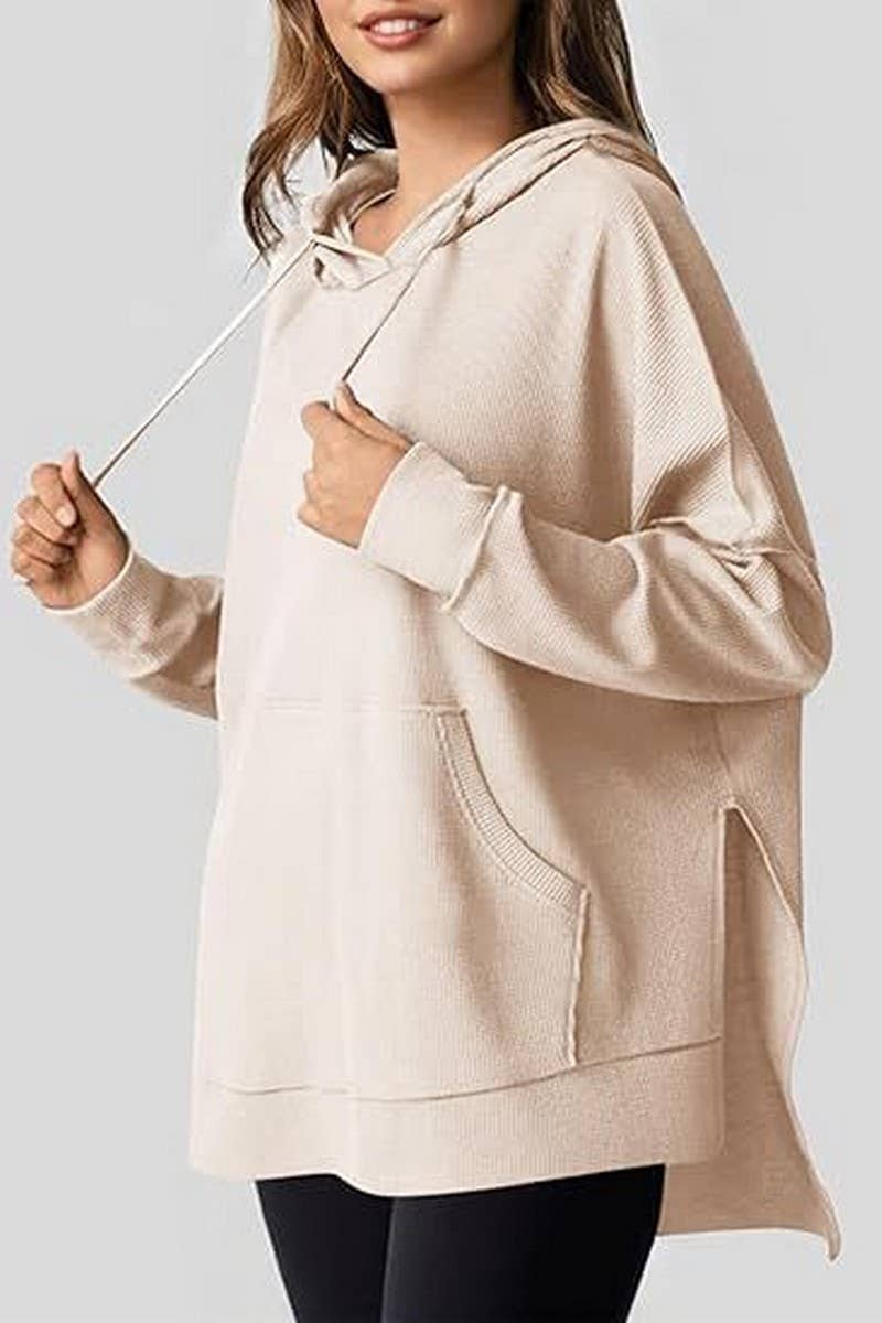 CWOHOL00633_RELAXED WAFFLE KNIT SIDE SLIT HOODED PULLOVER