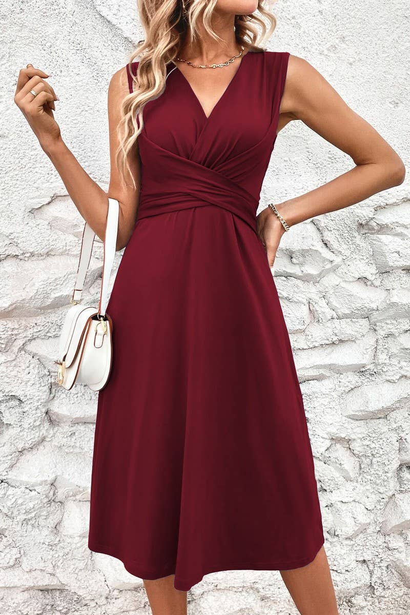 CWDMD4649_V-NECK WAIST CROSS PLEATED SLEEVELESS DRESS