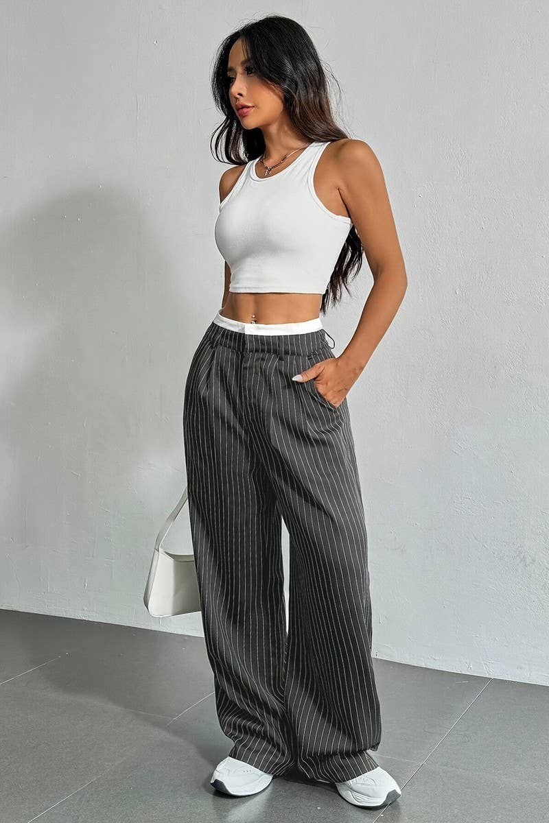 CWBLP1116_HIGH-WAISTED STRIPED LOOSE STRAIGHT-LEG TROUSERS