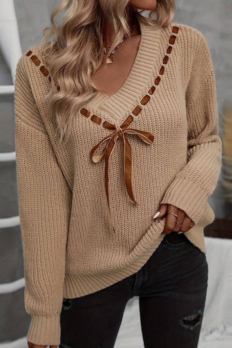 CWOSWL5804_V-NECK BOW LOOSE PULLOVER KNIT TOP