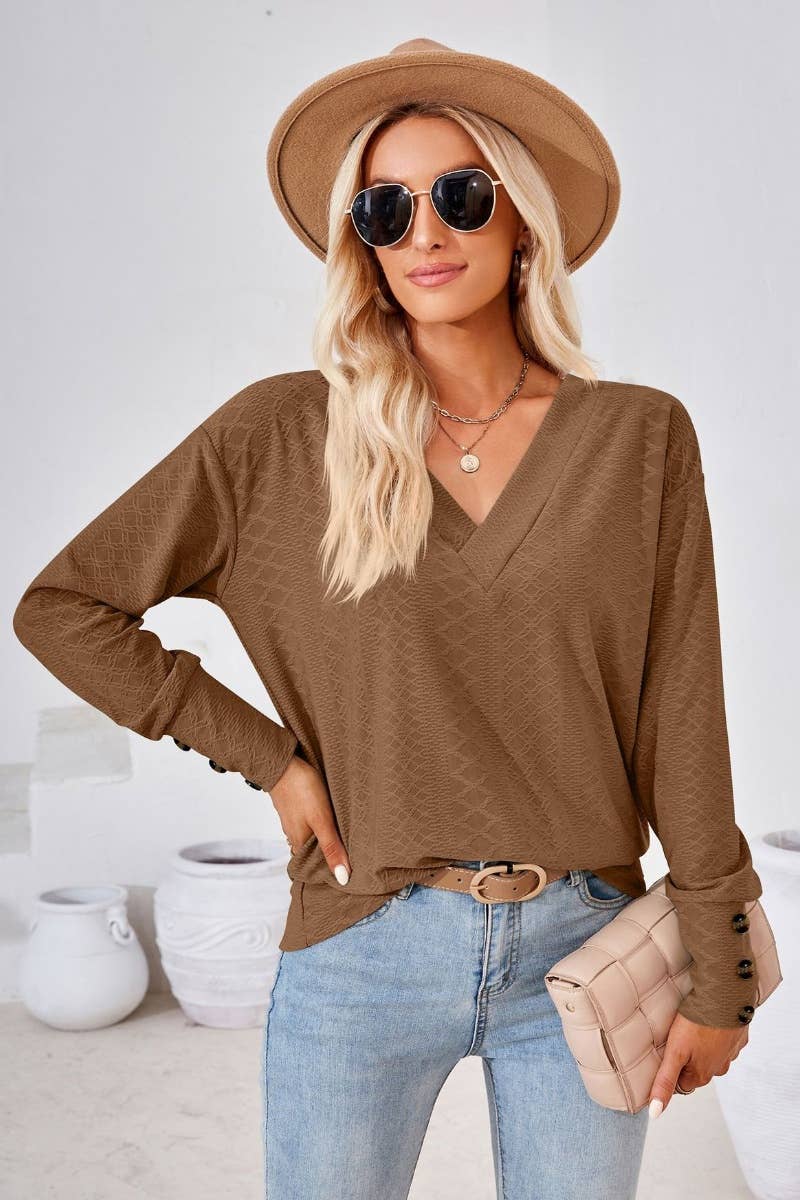 CWTBLL2806_SOLID COLOR V-NECK LONG SLEEVE BUTTON-UP TOP