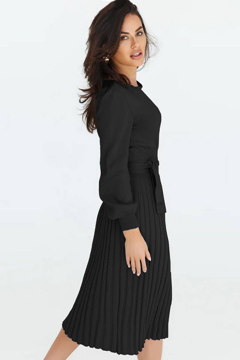 CWDMD4002_ROUND NECK TIE PLEATED MID-LENGTH KNITTED DRESS
