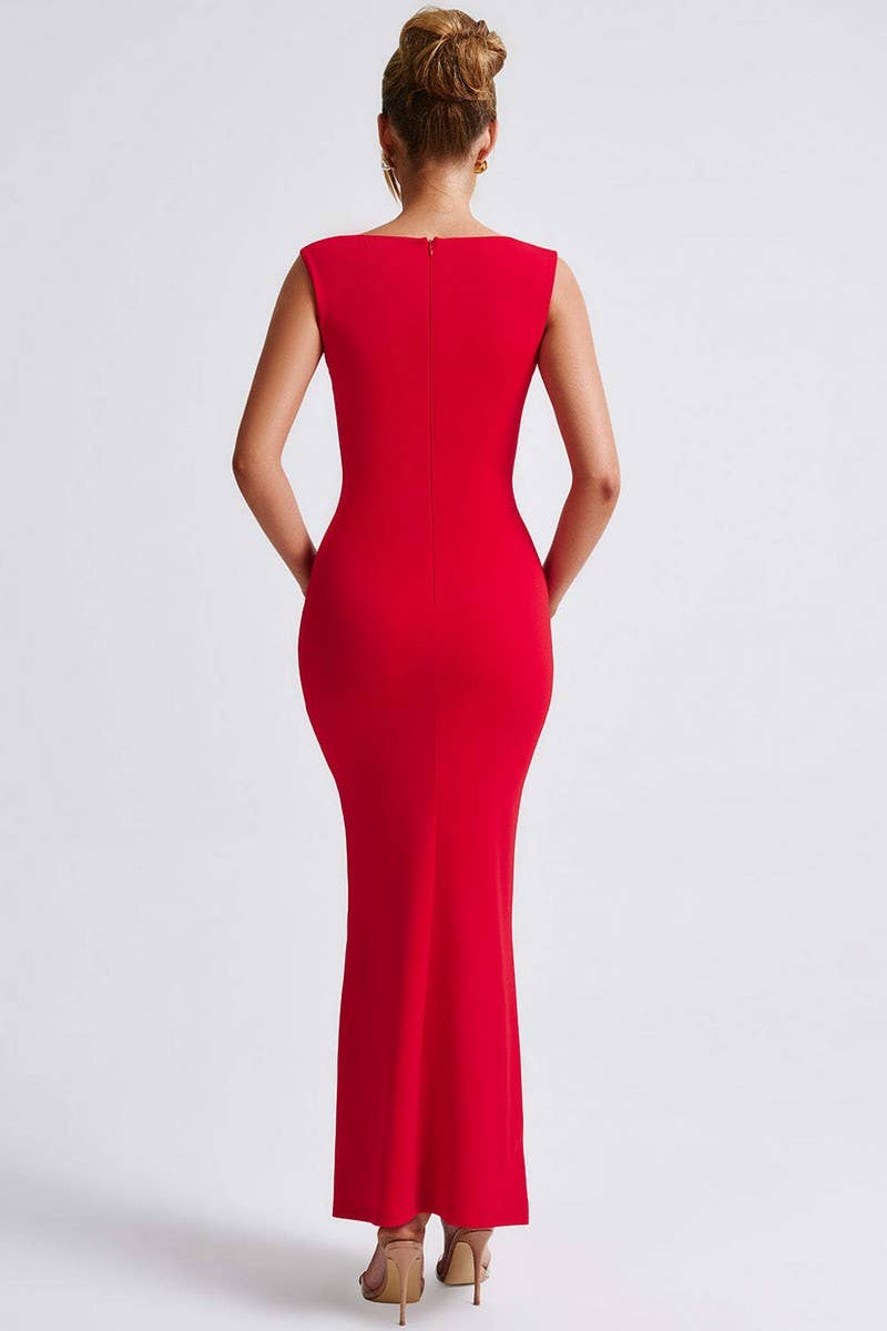 CWDMD5608_SQUARE NECK WAIST SLIMMING SOLID LONG DRESS