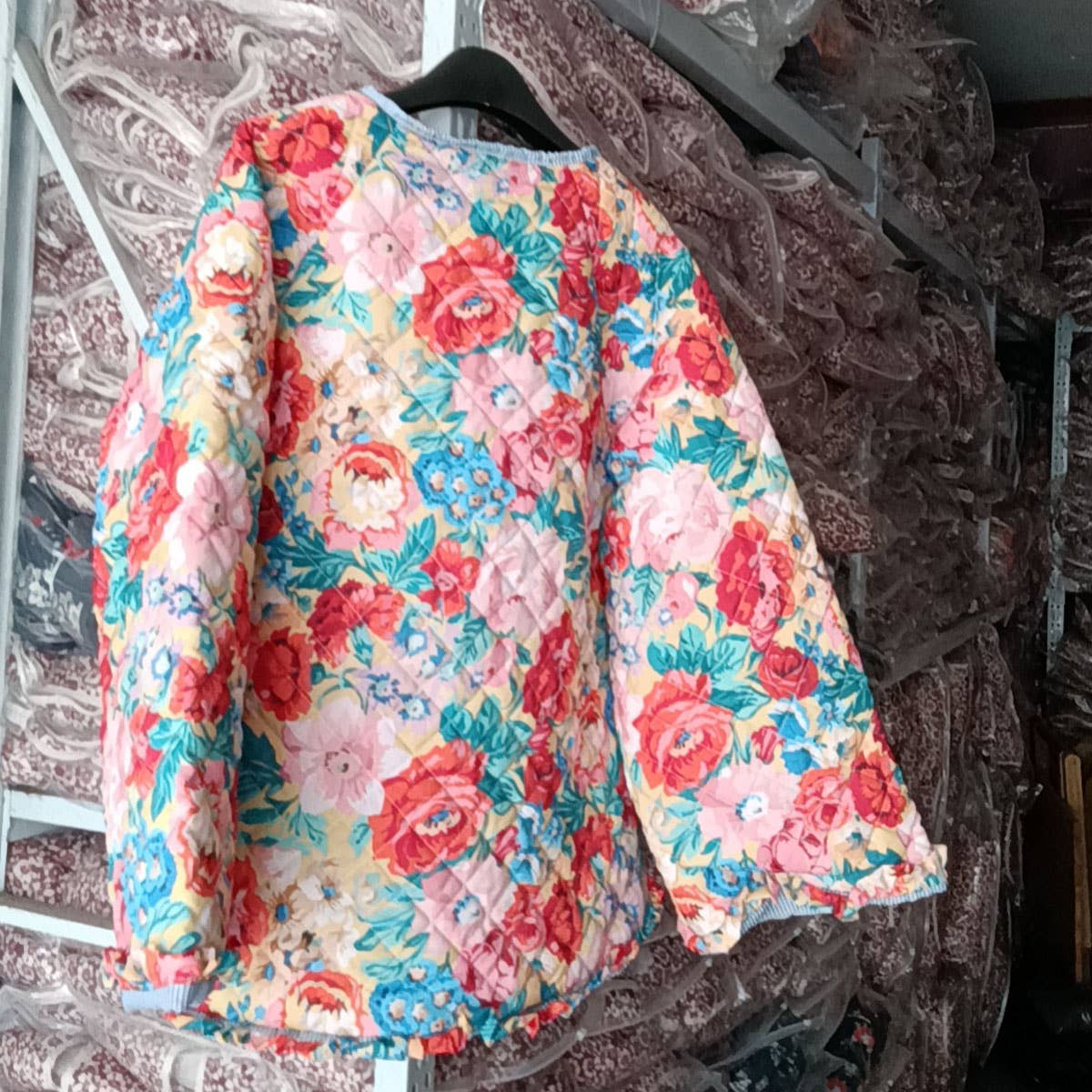 FLORAL PRINT CREW NECK PUFF SLEEVE QUILTED JACKETS