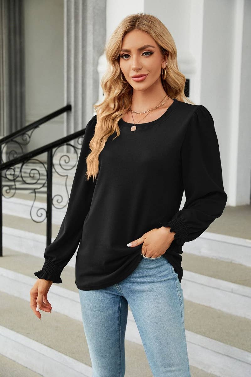 CWTBLL2800_AUTUMN CREW-NECK SOLID COLOR LONG-SLEEVED TOP