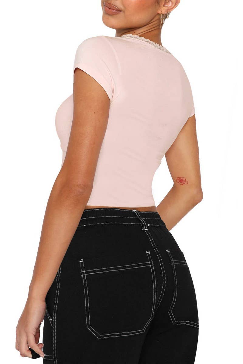 CWTBLS2213_SOLID SHORT SLEEVE BOW TRIM FITTED TOP