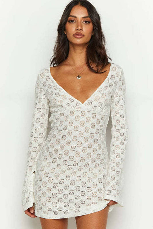 CWDSD8509_SEXY V NECK LACE UP BACKLESS LONG SLEEVE DRESS