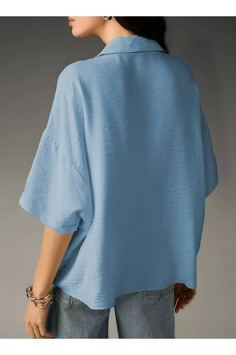 CWTBLS02500_2025SUMMER WOMEN POLO COLLAR SHORT SLEEVE BLOUSE