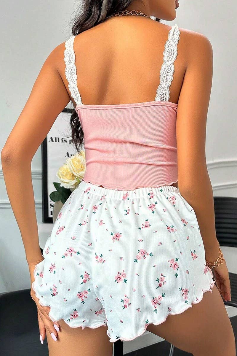 CWSPJ00477_FLORAL LACE CAMI AND SHORTS LOUNGEWEAR SET