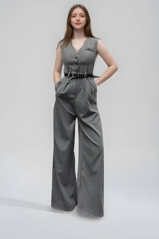 CWSJS1787_SOLID V-NECK BUTTONED SLEEVELESS VEST JUMPSUIT