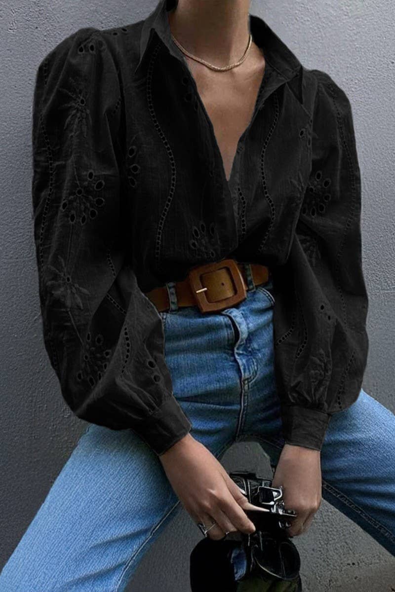 CWTSTL01000_CASUAL LOOSE HOLLOW OUT PUFF SLEEVE  TOP