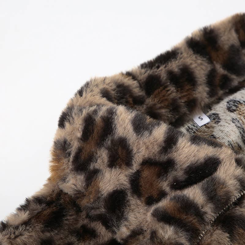 CROPPED WAIST FUR PATCHWORK LEOPARD PRINT JACKET