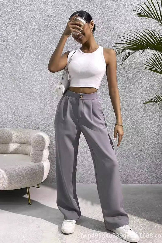 CWBLP1117_SOLID COLOR SUIT STRAIGHT WIDE-LEG PANTS