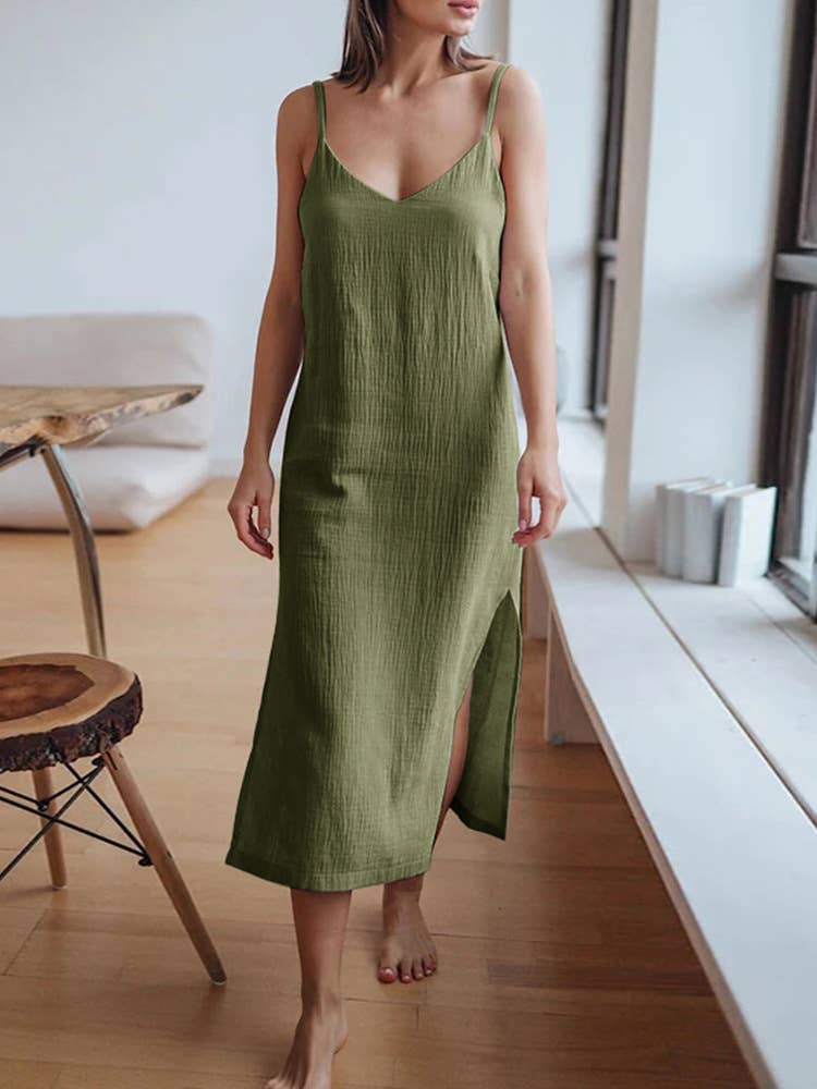 CREPE DOUBLE COTTON SLIT LONG DRESS