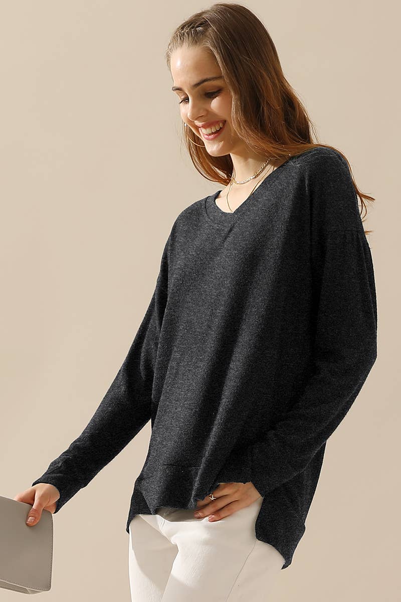 CWTTL1408_Long Sleeve Loose V-Neck Pullover Top