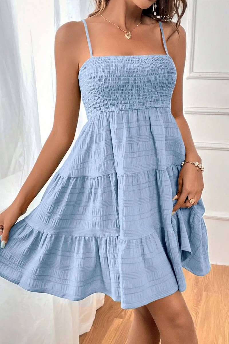 CWDHL0739_SUMMER SOLID COLOR TEXTURED SUSPENDER DRESS