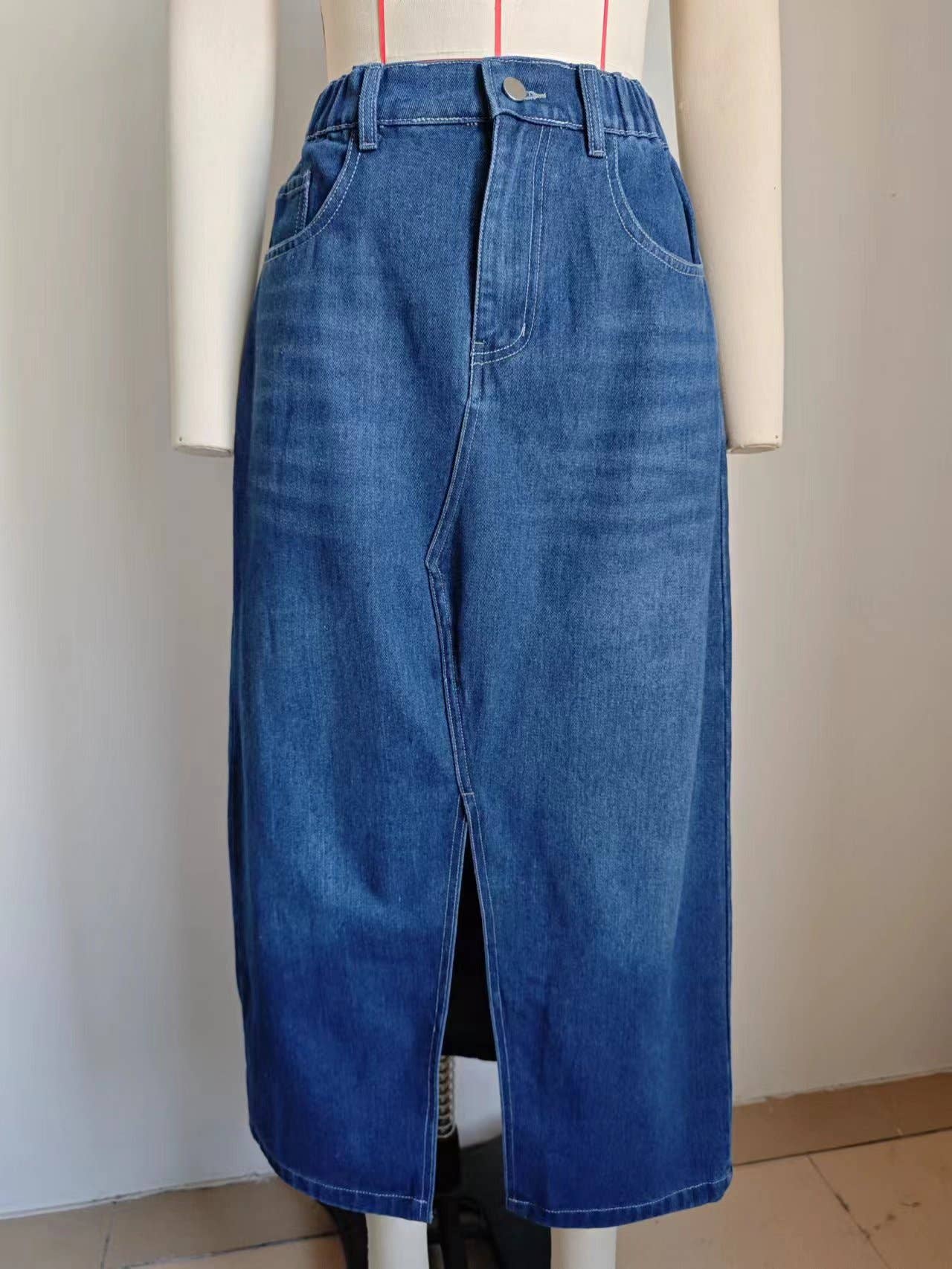 ELASTIC-WAISTED SLIT DENIM SKIRT