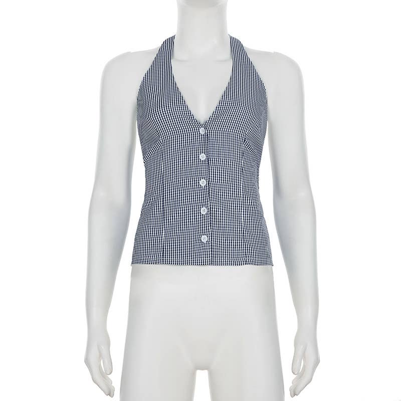 French button-down V-neck checkered halter vest