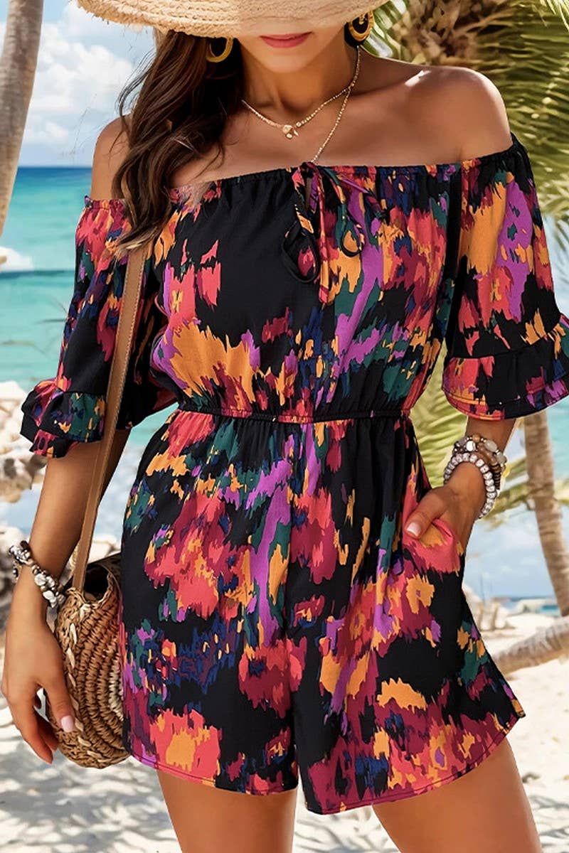 CWSJS0639_OFF THE SHOULDER RUFFLE SLEEVED SHORTS JUMPSUIT