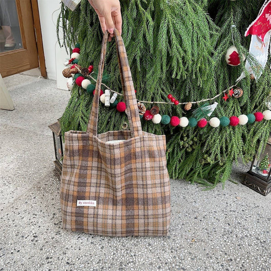 CWAB3897_LARGE CAPACITY VINTAGE PLAID TOTE SHOULDER BAG