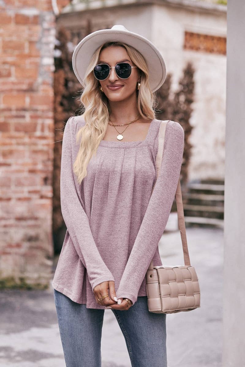 CWTBLL2738_SQUARE-NECK PLEATED LONG-SLEEVED TOP