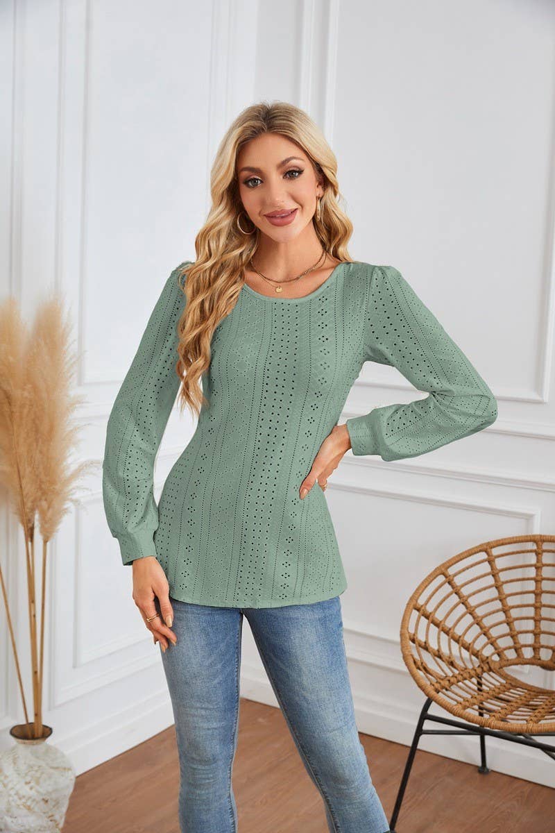 CWTBLL4098_ROUND NECK EYELET PUFF SLEEVE LONG SLEEVE T-SHIRT