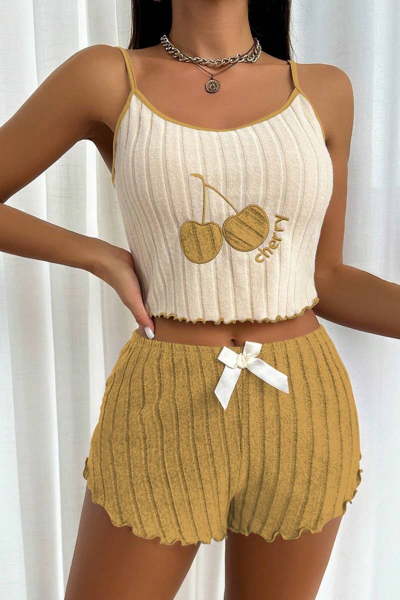 CWSPJ00469_EMBROIDERED FLANNEL CAMI PAJAMA SHORTS SET