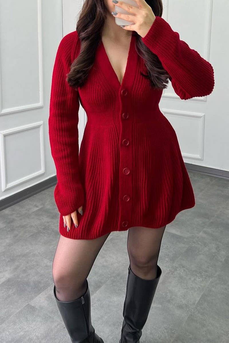 CWDSD10835_V-NECK SOLID LONG SLEEVE SWEATER DRESS