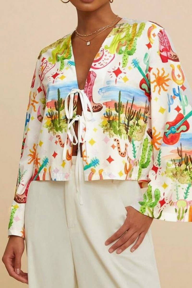 CWTBLL00632_V-NECK PRINTED TRUMPET SLEEVES HOLIDAY STYLE TOP