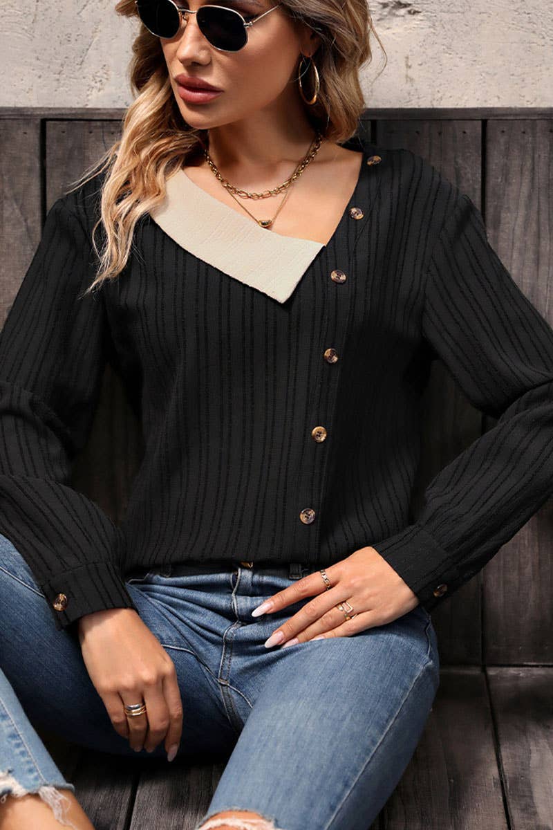 CWTTL1980_AUTUMN NEW SPLICED V-NECK TOP